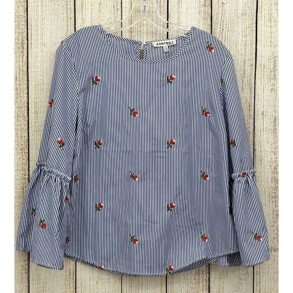 Tops - Kontrol Blouse Size‎ Large Contemporary Striped Rose Embroidered Bell Sleeve